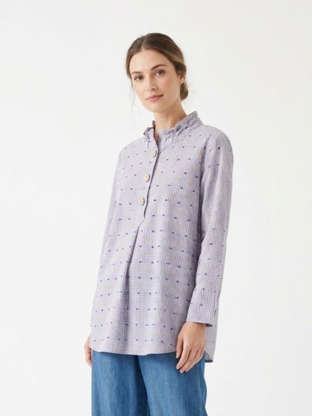 Appleseeds Blouse Blue Yellow Gingham Swiss Dot Popover Boho Cottage L